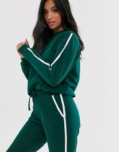 Conjunto Deportivo Verde para Mujer, Manga Larga, Color Sólido, Casual, con Bolsillos Laterales, Cintura con Cordón, Cuello Redondo, Corte Regular, para Otoño - Product Image 1