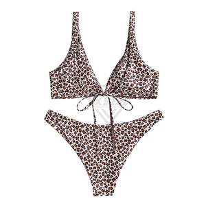 Conjunto de bikini con estampado de leopardo para mujer, cuello en V profundo, parte inferior tipo tanga con cordones, traje de baño elástico de poliéster y spandex, ropa de playa - Product Image 5