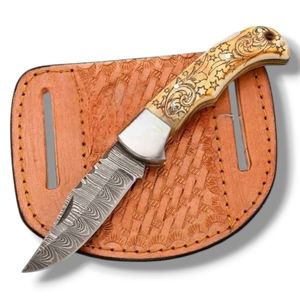 Handmade Folding Knives with Damascus Pattern Blade Leather Sheath Portable Pocket Knives for Hunting Camping Hiking <b>Outdoor</b> EDC - Product Image 1