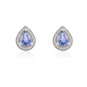 14K Gold Pear Cut <b>Blue</b> Sapphire Halo <b>Diamond</b> Stud <b>Earrings</b> - Product Image 3