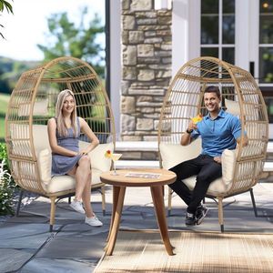 Poltrona a uovo oversize beige in vimini con supporto, cuscini per interni ed esterni, ideale per patio, portico, giardino, soggiorno o balcone - Product Image 5