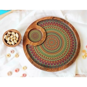 Bandeja Mandala Cuadrada Contemporánea Hecha a Mano para Servir, con Incrustaciones de Turquesa - 35x35x6 cm, Venta al Por Mayor - Product Image 2