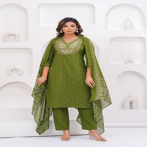 Conjunto de Kurta, Pantalón y Dupatta Bordado Verde Oliva para Mujer |   Traje Étnico de Algodón para Damas |   Ropa Festiva y Casual - Product Image 1
