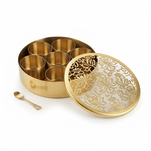 Gold Brass <b>Spice</b> Box Masaladabba Cutout Floral Lid With Spoon Luxury Indian Kitchen <b>Spice</b> Container Wholesale Manufacturer - Product Image 1
