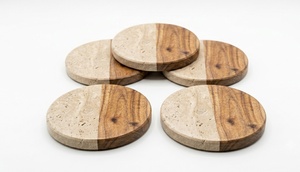 Luxury Artisan Crafted Beige Travertine <b>Marble</b> and Wooden <b>Coaster</b> Set for Modern Home and Dining Decor - Product Image 2