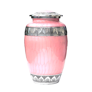 Urnas de cremación de aluminio para adultos con grabado, acabado en estaño y esmalte rosa claro, urnas metálicas para cenizas humanas. - Product Image 1