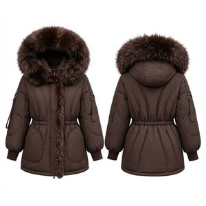 Custom Chocolate Brown Down <b>Parka</b> Toggle Cinch Waist Dual <b>Pockets</b> Heavy Down Fill Plush Fur Hood Neck Cuffs Puffer Coats - Product Image 1