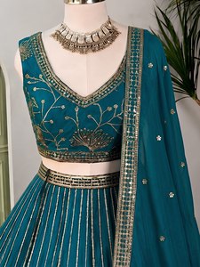 Teal Embroidered Stitched <b>Star</b> Georgette Lehenga Choli Set for Women Floor-Length Heavy <b>Mirror</b> Work Traditional Wedding Party - Product Image 4