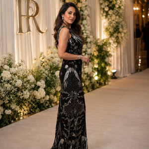 Luxury Black Embroidered Evening Gown| Sleeveless Floor Length Designer <b>Sequin</b> Formal Dress Elegant Party Wear For Women Premium - Product Image 3