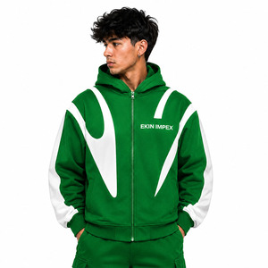 Sweat à capuche premium vert et blanc abstrait avec fermeture éclair |   Sweat à capuche streetwear avec masque intégré |   Vêtements d'extérieur unisexes tendance avec masque intégré - Product Image 3
