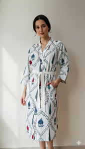 Luxury Cotton Floral Bathrobe Women Blue <b>Pink</b> Flower Block Print Spa Robe Elegant Morning Gown Soft Lightweight Dressing Gown - Product Image 2