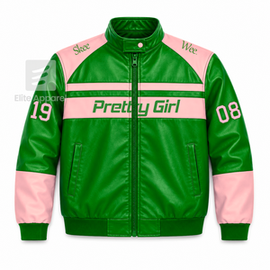 เสื้อแจ็คเก็ตหนังสีชมพูและสีเขียวปักโลโก้ Alpha Kapa Alpha Sorority แบบลำลองสำหรับผู้หญิงบุด้วยโพลีเอสเตอร์ - Product Image 1
