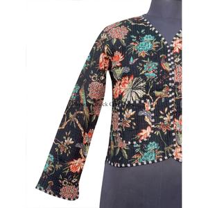 Floral Printed Knitted Short Autumn Full Sleeve <b>Quilted</b> <b>Jacket</b> for Women with Pure Cotton Fabric and Pockets Inside and Outside - Product Image 2