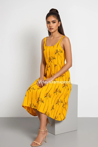 Vestido Largo de Algodón Amarillo Mostaza con Estampado Artesanal de Palmeras, Estilo Boho, Sin Mangas, Moda Veraniega Sostenible - Product Image 5