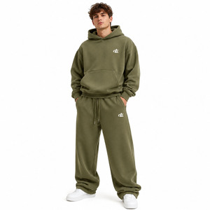 Conjuntos de sudaderas con capucha para hombre, verde oliva, con estampado de letras vintage en la espalda, de forro polar de alto gramaje, estilo oversize y joggers holgados, MOQ bajo, logotipo personalizado - Product Image 2