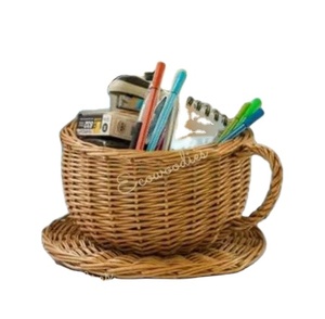 Cesta de regalo decorativa de mimbre hecha a mano, mango de madera único, organizador de escritorio ecológico, cestas de almacenamiento Art Deco para tazas - Product Image 2