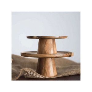 Support à gâteau en bois d'acacia fait main à 2 niveaux, présentoir rond moderne pour cupcakes, support de présentation de desserts pour fêtes et mariages - Product Image 1