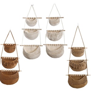 Macrame Hanging Storage <b>Basket</b> Set Of 3 With Wooden Rod Ideal For Home Wall Organizer Living Room Bedroom And Boho Decor - Product Image 3