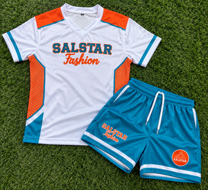 Ensemble short et maillot col en V pour homme, blanc, orange et turquoise, respirant, color block, tenue de sport d'été, uniforme de rugby, nom des sponsors de l'équipe, nom du club - Product Image 6