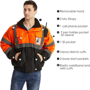 Veste de sécurité à capuche haute visibilité pour homme, vêtements de travail réfléchissants à rayures, imperméable pour l'hiver avec poches - Product Image 5