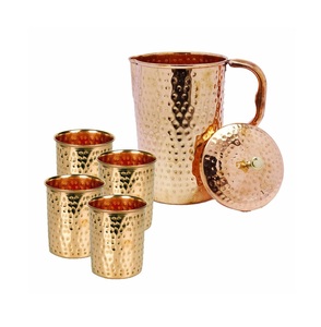 Premium Pure Copper Hammered Jug and <b>Glass</b> Set Ayurvedic Copper Water Pitcher with 4 Tumbler <b>Glasses</b> and Lid - Product Image 3