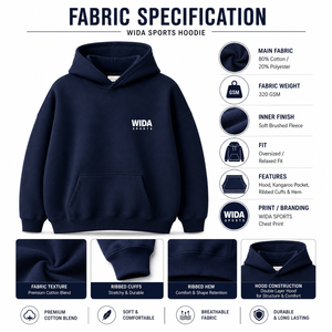 เสื้อฮู้ดดี้ผ้าฟลีซคอตตอนผสมโพลีเอสเตอร์สีน้ำเงินกรมท่าขนาดโอเวอร์ไซส์ 320 GSM แบบสั่งทำพิเศษ พร้อมโลโก้พิมพ์ลายบนหน้าอก - Product Image 6