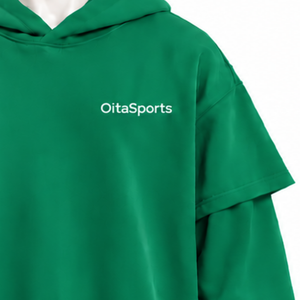 Sweat à capuche vert émeraude double couche, coupe oversize, manches superposées, épaules tombantes, style streetwear décontracté, épais, personnalisable - Product Image 6