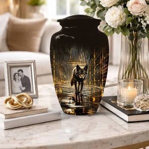 Urne funéraire noire avec motif de trois loups et scène de nuit de pleine lune, fournitures funéraires, urne commémorative avec couvercle en métal, urne durable - Product Image 2