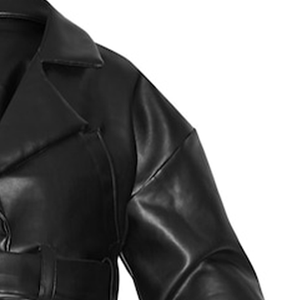Blouson bomber noir oversize à ourlet ceinturé en similicuir de luxe, avec ceinture ajustable à la taille, fermeture éclair sur le devant, imperméable et coupe-vent, idéal pour le printemps - Product Image 4