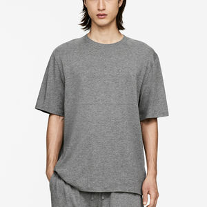 T-shirt tricoté pour homme, poids lourd délavé à l'acide, 100% coton, coupe boxy, manches courtes, col en O, décontracté, trou solide, logo imprimé - Product Image 1