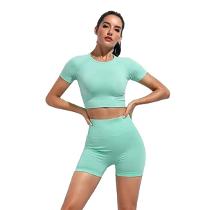 Women 2 Piece Sports <b>Set</b> Solid Mint Green Short Sleeve Crop Top High Waist Biker Shorts Breathable <b>Knitted</b> Quick Dry Gym Wear - Product Image 1