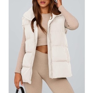 Gilet long matelassé pour femme de qualité supérieure avec fermeture éclair, couleur unie, vêtement d'extérieur décontracté, col montant à capuche, rembourrage en polyester - Product Image 4