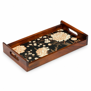 Bandeja de Servir Artesanal Moderna de Madera de Teca con Base Floral y Asas Marrón/Negro con Bordes Elevados |   Comedor Rectangular Multifuncional - Product Image 1
