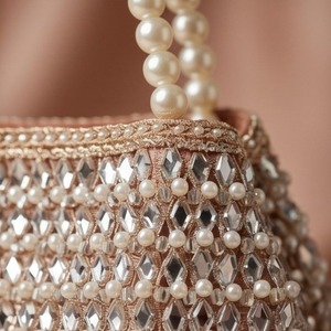 Handcrafted Evening Clutch Purse Beaded Embroidery with <b>Mirror</b> Work Trapezoid Shape Rhinestone & Crystal Decorative <b>Chains</b> - Product Image 3