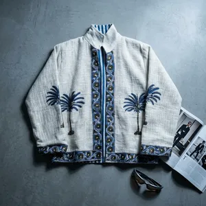 Veste en lin pour femme à imprimé palmiers et fleurs, col rabattu, style décontracté pour les vacances - Product Image 4