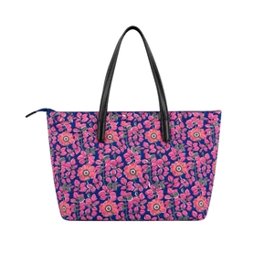 Bolso Tote con Estampado Floral para Mujer, Cierre de Cremallera, Asas Negras, Patrón Azul y Rosa, Bolso de Compras de Moda para Todas las Temporadas - Product Image 1