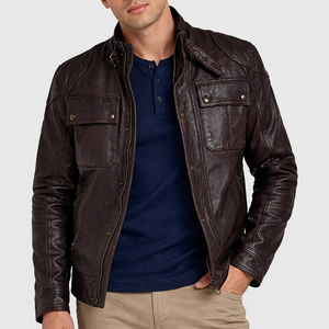 Veste en cuir de vache marron pour homme avec col en fausse fourrure, fermeture éclair, style motard hiver, manteau épais et chaud, logo frontal - Product Image 3