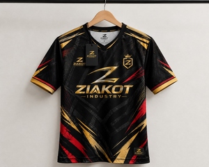 Venta al por Mayor Directa de ZIAKOT INDUSTRY, Uniforme de Fútbol Sublimado Personalizado en Negro, Negro con Detalles en Oro Antiguo y Rojo, el Más Vendido - Product Image 1