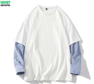 T-shirt à manches longues surdimensionné pour homme, en coton tricoté contrastant orange, col rond, design décontracté à blocs de couleur unie - Product Image 2