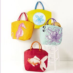 Ensemble de sacs fourre-tout en toile à motifs de créatures marines colorées, style bohème, résistants à l'eau, design ouvert, pour la plage et l'été - Product Image 1