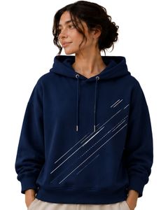เสื้อฮู้ดโอเวอร์ไซส์สีน้ำเงินกรมท่าสำหรับผู้หญิง พิมพ์ลายกราฟิกเรขาคณิต ผ้าฝ้ายฟลีซ แขนยาว สไตล์ลำลอง สตรีทแวร์ - Product Image 1