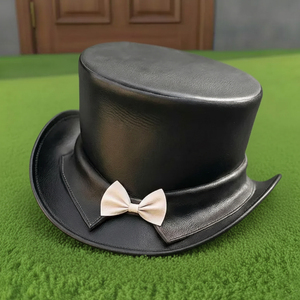 Premium quality custom made Handmade Black Leather Top <b>Hat</b> with Bow Victorian <b>Steampunk</b> Wedding Formal <b>Hat</b> - Product Image 2
