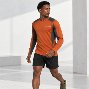 T-shirt de course à manches longues pour homme, orange et noir, séchage rapide, en polyester tricoté, col rond, coupe classique, logo personnalisé sur le devant - Product Image 3