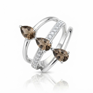 Women's Classy Romantic Design Rhodium Plated Smoky Quartz <b>CZ</b> Three Stone Gemstone <b>Ring</b> Prong Set Silver Band Wedding Party - Product Image 1