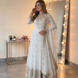 Women's Heavy Georgette Embroidered <b>Sequin</b> Gown Set with <b>Pant</b> and Dupatta Ready to Wear Festive Ethnic Wear - Product Image 1