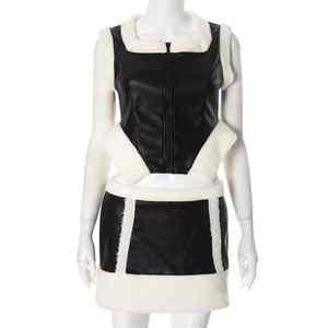 Ensemble jupe en cuir Y2K printemps automne hiver pour femmes, haut sans manches en patchwork fourrure et cuir et mini-jupe, ensemble deux pièces - Product Image 1