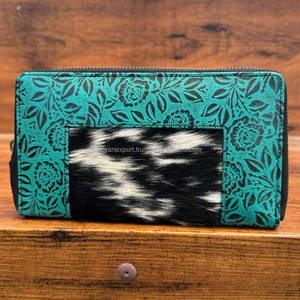 Nouveau 2025 Designer de luxe de haute qualité en cuir de vachette véritable fermeture éclair portefeuille pour femmes Turquoise en relief Floral pochette en cuir - Product Image 4