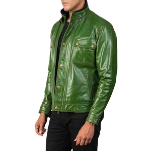 Veste en cuir véritable vert pour homme, col montant, fermeture éclair, style motard - Product Image 3