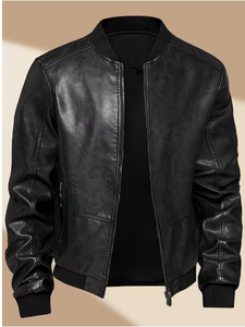 TRIBON SPORTS Men's Black Cowhide <b>Leather</b> Bomber <b>Jacket</b> Stand Collar Zipper Closure Slim Fit Regular Sleeve Casual <b>Winter</b> - Product Image 1
