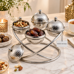 Ensemble de bols de service en acier inoxydable martelé de luxe pour dattes au chocolat avec couvercles et support tressé, décoration de table pour Ramadan et Aïd, cadeau de mariage - Product Image 4